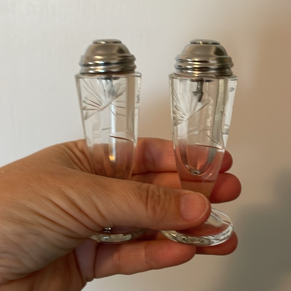 Vintage Reiner etched glass salt and pepper shakers. Silver self closing lids